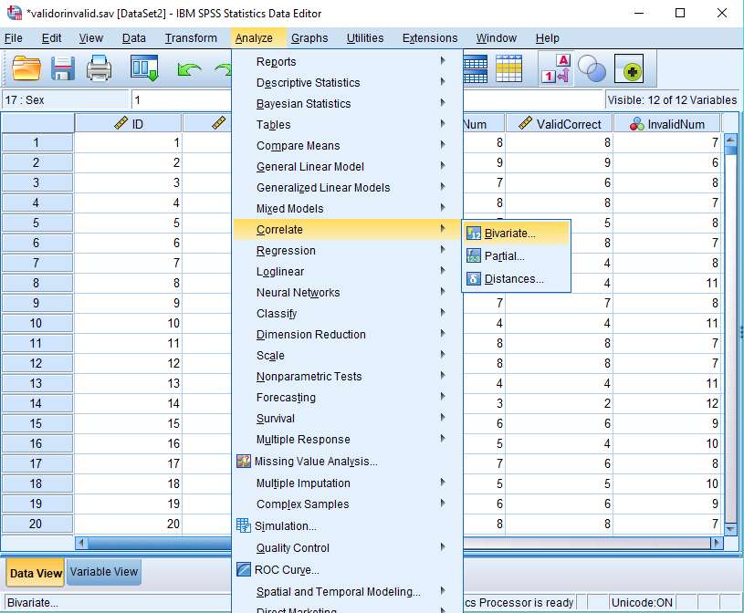 SPSS menu choice for Pearson