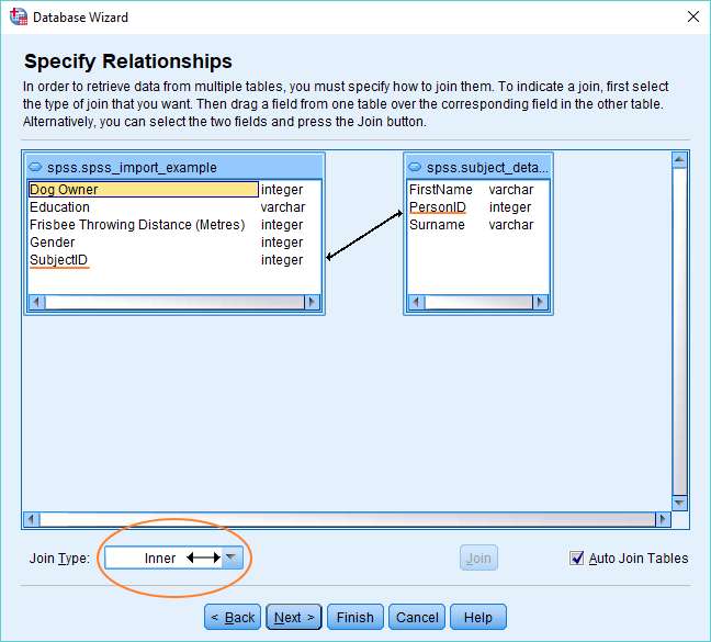 Specify relationships dialog