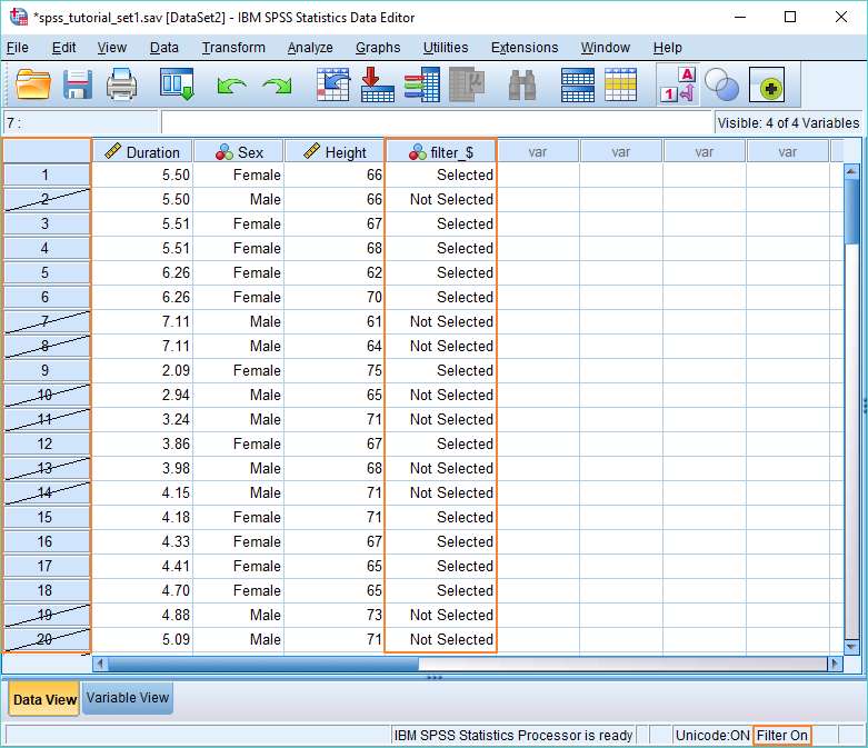 SPSS Data View with cases selected.