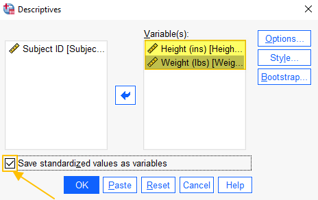 Descriptives Dialog Box - Variables Added and Options Selected