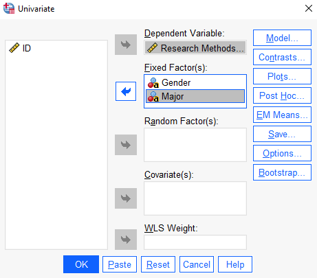 Two-Way ANOVA - Univariate Dialog Box - Populated from Previous Session