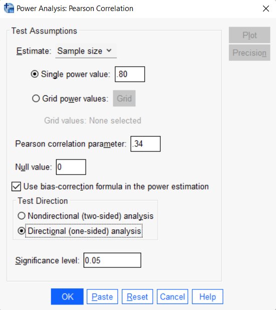 Populated power analysis Pearson correlation dialog box in SPSS - calculate sample size