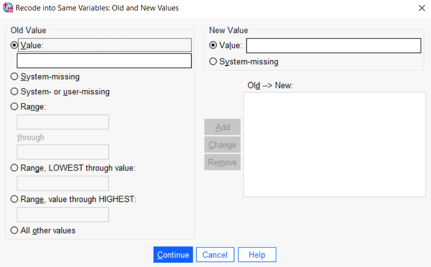 Recode into same variables old and new values dialog box