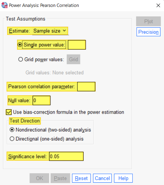 Power analysis Pearson correlation dialog box in SPSS - calculate sample size