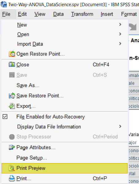 Select Print Preview from menu in SPSS