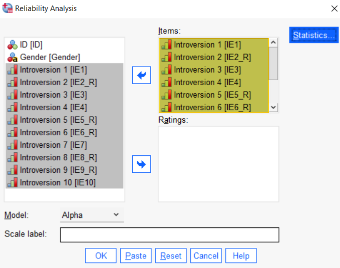 Reliability analysis dialog box populated in SPSS