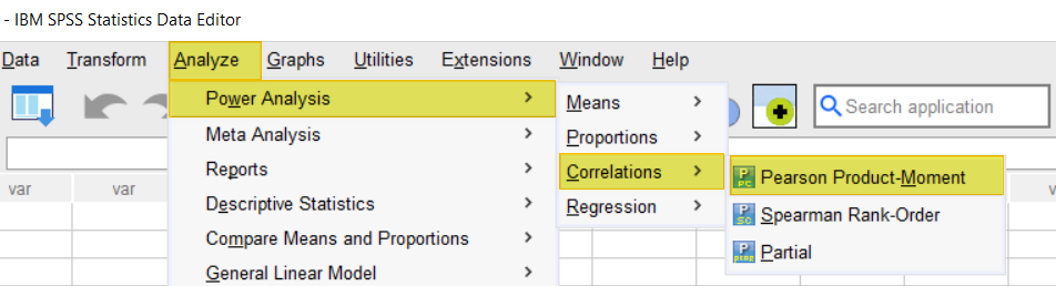 Open power analysis dialog box in SPSS to calculate sample size for Pearson correlation