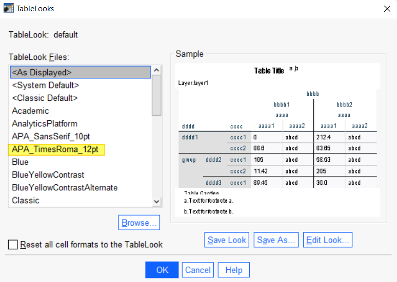 Select the APA style TableLook in APA