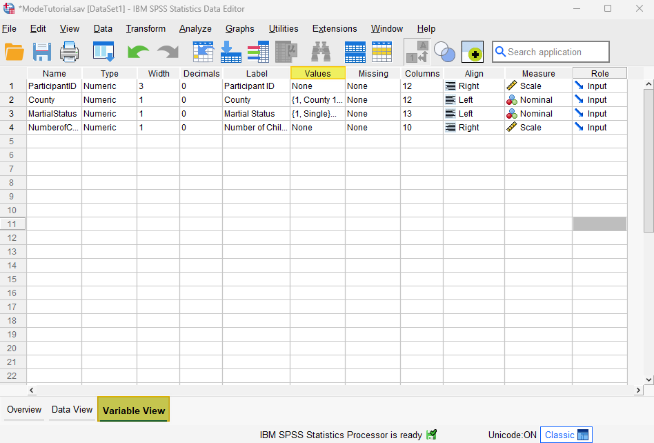 Variable view of data set in SPSS