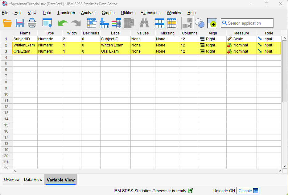 Spearman's data set in SPSS Variable View