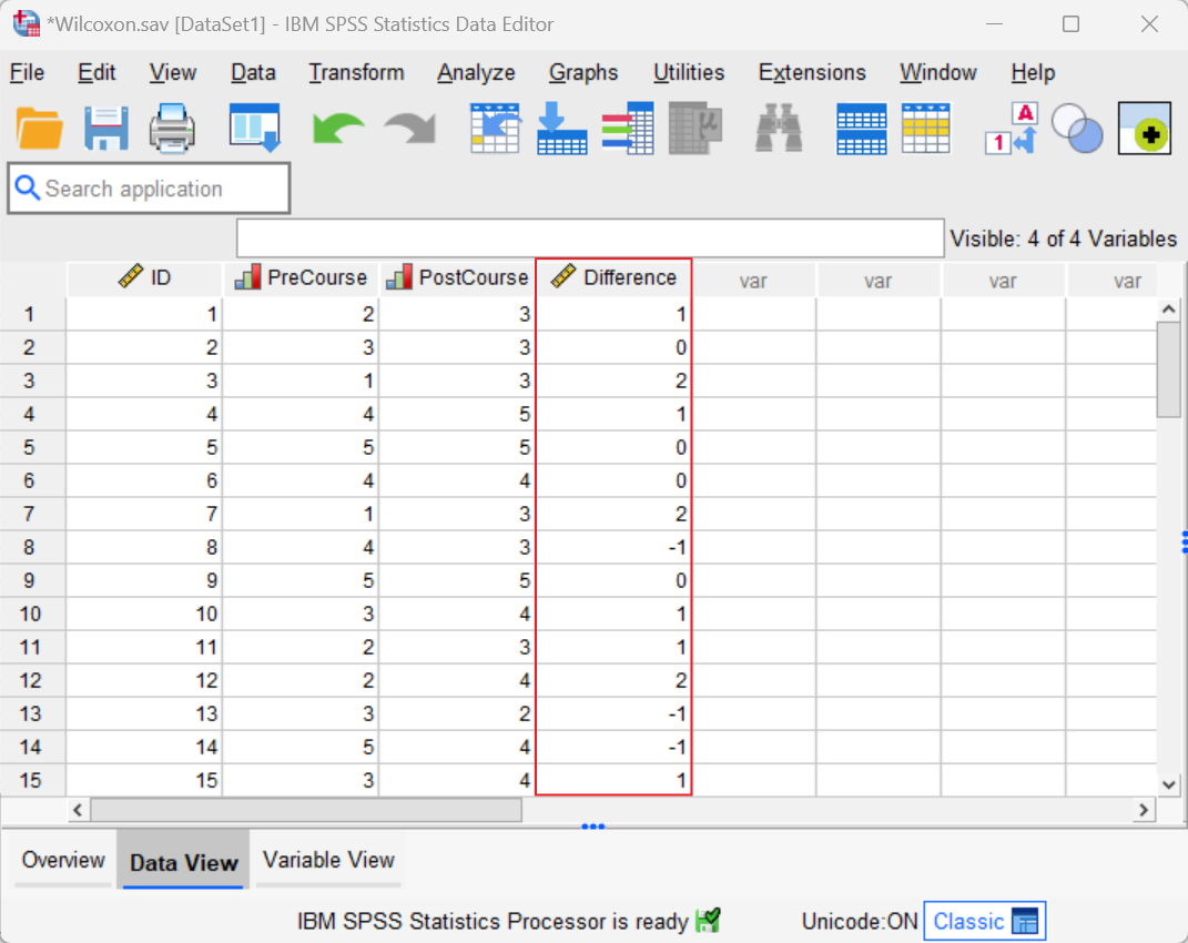 Difference scores added to data set in SPSS