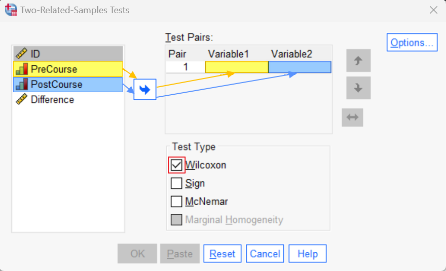 Two-Related-Samples Tests dialog box in SPSS