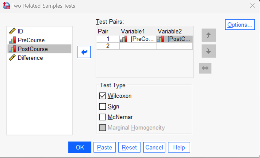 Two-Related-Samples Tests dialog box in SPSS for Wilcoxon signed-rank test