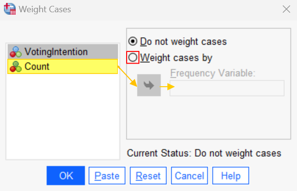 Weight Cases dialog box in SPSS