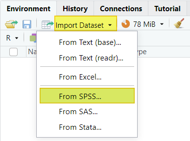 Click on Import Dataset and select from SPSS...