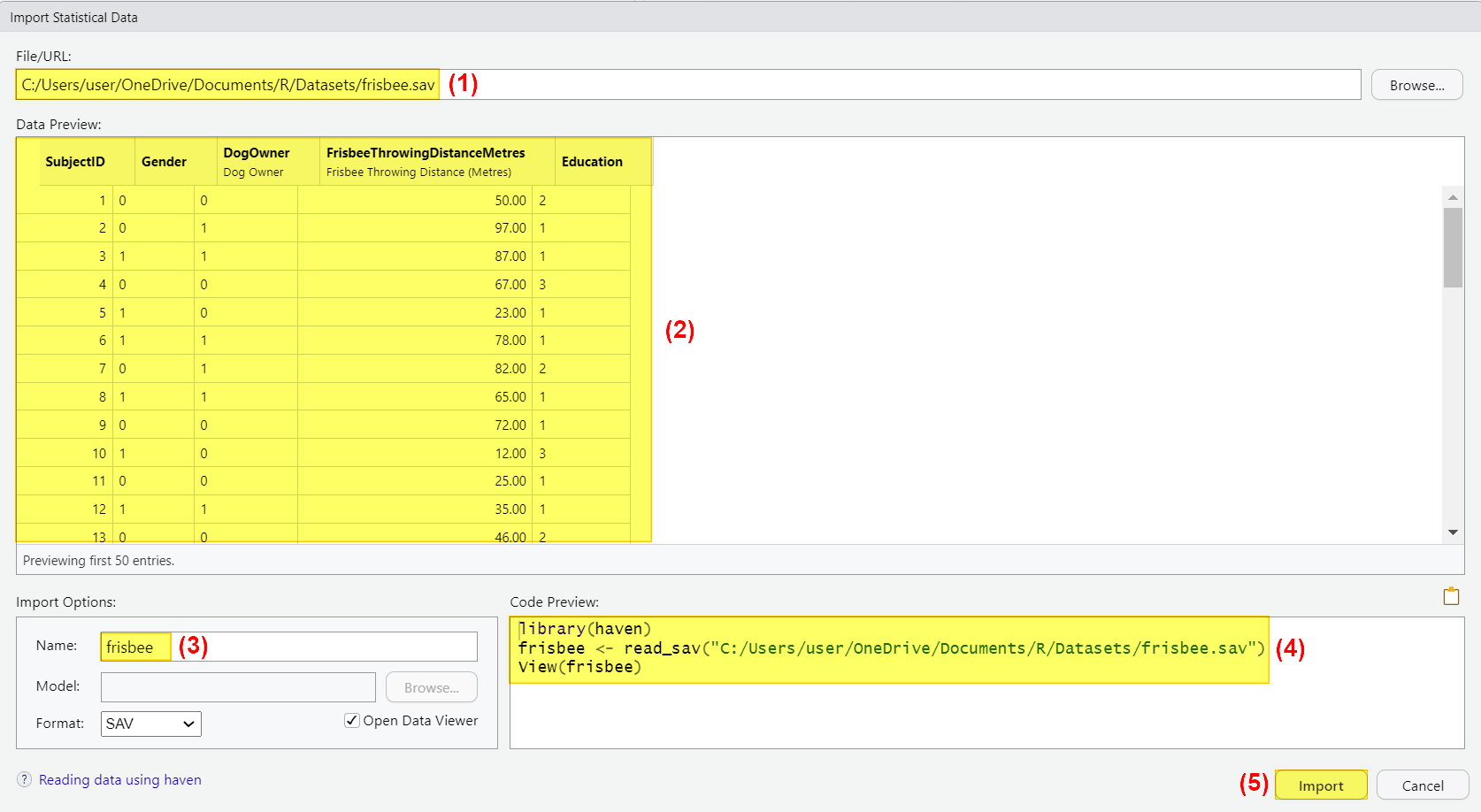 Import Statistical Data window with SPSS data file