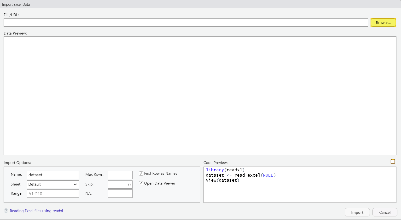 Import Excel Data window