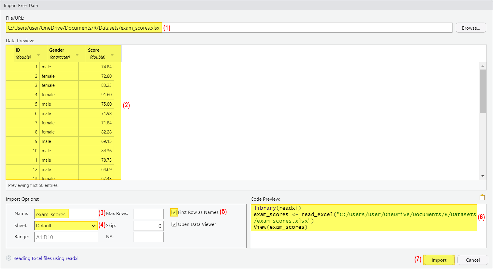 Import Excel Data window with Excel file