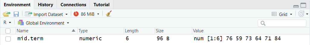Vector in RStudio Environment tab