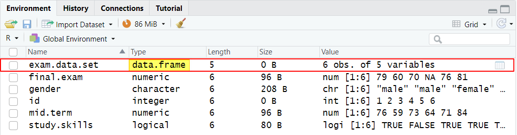 Data frame in RStudio Environment tab