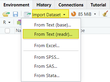 Click on Import Dataset and select From Text (readr)...