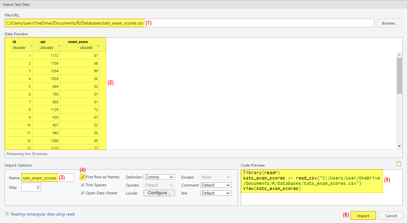 Import Text Data window with CSV file