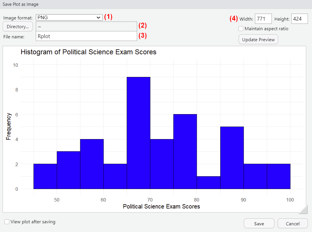 The Save Plot as Image window in RStudio